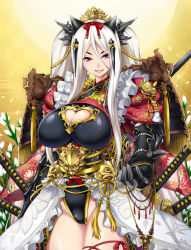 Rule 34 | 1girl, armor, beads, bow, breasts, character request, cleavage, cleavage cutout, clothing cutout, evil grin, evil smile, flower, grin, hair bow, hair ornament, hairband, headdress, highleg, hotori (sion), japanese clothes, jewelry, katana, large breasts, long hair, necklace, petals, prayer beads, purple eyes, ribbon, rope, sengoku taisen, sengoku taisen illustration contest 3, sheath, sheathed, smile, solo, sword, tassel, thick thighs, thighs, twintails, weapon, white hair