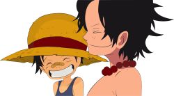 Rule 34 | 2boys, absurdres, aged down, bandaid, beads, black hair, closed eyes, east blue, grin, hat, highres, male focus, monkey d. luffy, multiple boys, one piece, portgas d. ace, smile, straw hat, transparent background