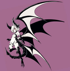 Rule 34 | 1girl, ahoge, boots, crotch plate, dragon girl, dragon horns, dragon tail, female focus, flat chest, full body, highres, hisui (syarute), horns, monster girl, original, partially colored, partially visible vulva, purple background, red eyes, simple background, solo, tail, thigh boots, thighhighs, wings
