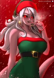 Rule 34 | 1girl, absurdres, android 21, black sclera, blush, breasts, colored sclera, colored skin, dragon ball, dragon ball fighterz, earrings, hat, highres, jewelry, large breasts, long hair, majin android 21, pea-bean, pink skin, pointy ears, red eyes, santa costume, santa hat, tagme, tail, white hair