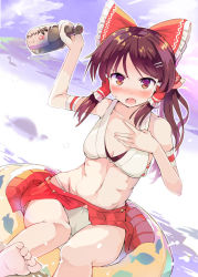 Rule 34 | &gt;:o, 1girl, :o, alternate costume, armband, bare legs, bare shoulders, barefoot, bikini, blush, bottle, bow, breasts, brown eyes, brown hair, cleavage, collarbone, foreshortening, hair bow, hair tubes, hakurei reimu, innertube, long hair, looking at viewer, open mouth, puuakachan, red bow, red skirt, sake bottle, skirt, small breasts, solo, sweat, swim ring, swimsuit, touhou, v-shaped eyebrows, white bikini