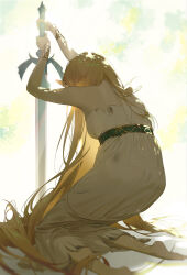 Rule 34 | 1girl, backlighting, barefoot, blonde hair, bracelet, breasts, dirty, dirty clothes, dress, fajyobore, from behind, highres, holding, holding sword, holding weapon, jewelry, kneeling, large breasts, long hair, master sword, nintendo, pointy ears, princess zelda, solo, strapless, strapless dress, sword, the legend of zelda, the legend of zelda: breath of the wild, very long hair, weapon, white dress