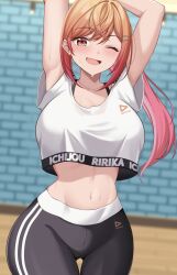 Rule 34 | 1girl, 9696k, ahoge, arms up, black pants, blush, breasts, character name, colored inner hair, crop top, hair ornament, hairpin, highres, hololive, hololive dance practice uniform, hololive dev is, ichijou ririka, large breasts, long hair, looking at viewer, multicolored hair, navel, official alternate costume, one eye closed, open mouth, orange eyes, orange hair, pants, pink hair, smile, solo, virtual youtuber