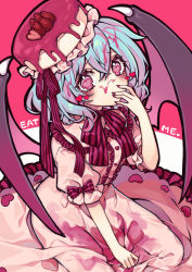 Rule 34 | 1girl, bat wings, blue hair, bow, bowtie, cake, commentary request, dress, english text, food, frilled hat, frills, fruit, hair between eyes, hat, heart, heart-shaped pupils, highres, kyouda suzuka, looking at viewer, nail polish, pink dress, pink eyes, pink theme, red nails, remilia scarlet, short hair, short sleeves, solo, strawberry, strawberry cake, striped bow, striped bowtie, striped clothes, striped neckwear, symbol-shaped pupils, touhou, wings