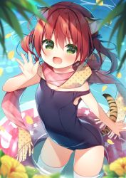Rule 34 | 1girl, :d, animal ear fluff, animal ears, bare arms, bare shoulders, black one-piece swimsuit, blue bow, blurry, blurry foreground, blush, bow, chinese zodiac, commentary request, depth of field, fang, flower, fringe trim, green eyes, hair between eyes, hair bow, hanamiya natsuka, hand up, innertube, kemonomimi mode, long hair, old school swimsuit, one-piece swimsuit, open mouth, original, petals, pink scarf, plaid, plaid scarf, polka dot, polka dot scarf, red hair, scarf, school swimsuit, smile, solo, standing, strap slip, swim ring, swimsuit, tail, thighhighs, tiger ears, tiger girl, tiger tail, twintails, wading, water, white thighhighs, year of the tiger, yellow flower, yellow scarf
