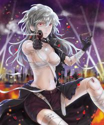 Rule 34 | 1girl, android, bandages, breasts, bullet, doll joints, gun, joints, kuroi nyan, long hair, original, red eyes, robot joints, shorts, silver hair, smoke, solo, weapon