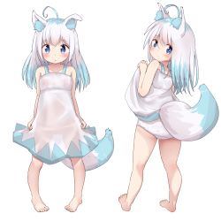 Rule 34 | 1girl, :o, ahoge, animal ear fluff, animal ears, ass, bare arms, bare shoulders, barefoot, blue hair, blush, closed mouth, clothes lift, collarbone, commentary request, dress, dress lift, fox ears, fox girl, fox tail, highres, lifted by self, long hair, looking at viewer, looking back, mochiyuki, multicolored hair, multiple views, original, panties, parted lips, polka dot, polka dot panties, simple background, sleeveless, sleeveless dress, standing, tail, two-tone hair, underwear, white background, white dress, white hair, white panties