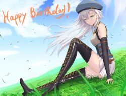 Rule 34 | 1girl, absurdres, beret, black footwear, blue sky, boots, breasts, cloud, eiyuu densetsu, elbow gloves, english text, fie claussell, floating hair, full body, gloves, grass, green eyes, hair between eyes, happy birthday, hat, highres, kuro no kiseki, long hair, on grass, sky, small breasts, smile, solo, white hair, wind, witch f