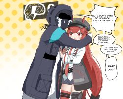 Rule 34 | 1girl, 1other, alph (sancheck), arknights, asymmetrical legwear, black jacket, cabbie hat, crying, doctor (arknights), english text, gameplay mechanics, hat, helmet, highres, horns, horns through headwear, hug, jacket, long hair, looking at another, low twintails, miniskirt, mismatched legwear, nail polish, necktie, open clothes, open jacket, pointy ears, red eyes, red hair, shirt, skirt, speech bubble, thighhighs, twintails, very long hair, vigna (arknights), white shirt, zettai ryouiki