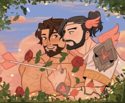 Rule 34 | 2boys, arrow (projectile), bara, beard, blush, brown hair, cassidy (overwatch), couple, cupid, cupid hanzo, dark-skinned male, dark skin, eye contact, facial hair, floral background, flower, flower tattoo, from side, full beard, hanzo (overwatch), highres, kaiwankon, large pectorals, looking at another, magical boy, male focus, mature male, multiple boys, muscular, muscular male, official alternate costume, overwatch, overwatch 2, pectorals, pink wings, profile, rose, short hair, smile, sparse chest hair, tattoo, thick eyebrows, tiara, upper body, valentine, wings, yaoi