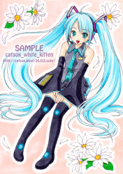 Rule 34 | 1girl, ahoge, artist name, blue hair, boots, catsox, detached sleeves, flower, green eyes, hatsune miku, headset, long hair, marker (medium), necktie, open mouth, sample watermark, skirt, solo, thigh boots, thighhighs, traditional media, twintails, very long hair, vocaloid, watermark