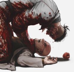 Rule 34 | 2boys, angry, apple, atomic heart, bald, beard, belt, black belt, black hair, blood, blood on clothes, blood on face, char-les (atomic heart), facial hair, food, from side, fruit, fukurau, furious, glasses, grey jumpsuit, jumpsuit, lab coat, lying, male focus, multiple boys, on back, open clothes, open mouth, p-3 (atomic heart), profile, shirt, short hair, simple background, spoilers, strangling, white background