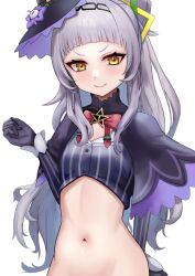 Rule 34 | &gt;:), 1girl, arched bangs, black capelet, black gloves, black headwear, blunt bangs, bottomless, capelet, commentary, cropped shirt, gloves, grey hair, grey shirt, hair bun, hairband, hat, highres, hololive, layered capelet, long hair, long sleeves, looking at viewer, murasaki shion, murasaki shion (1st costume), navel, numaduke, out-of-frame censoring, pinstripe pattern, pinstripe shirt, purple capelet, shirt, single side bun, smile, smug, solo, stomach, striped clothes, striped shirt, tilted headwear, v-shaped eyebrows, vertical-striped clothes, vertical-striped shirt, virtual youtuber, witch hat, yellow eyes