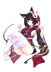 Rule 34 | 1girl, ajo (rolan666), animal ears, ass, azur lane, black hair, blush, breasts, cat ears, clenched hands, fang, feet, floral print, fox mask, full body, furisode, highres, japanese clothes, kimono, kimono skirt, large breasts, looking at viewer, mask, no shoes, obi, open mouth, panties, paw pose, pink eyes, sash, short hair, simple background, sitting, soles, solo, thighhighs, toes, underwear, white background, white panties, white thighhighs, yamashiro (azur lane)