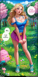 Rule 34 | absurdres, aqua footwear, aroma sensei, backpack, bag, bare shoulders, belt, blonde hair, blue eyes, blue shirt, blush, breasts, breasts squeezed together, camisole, cleavage, collarbone, contrapposto, embarrassed, english text, forehead, forest, frilled shirt, frills, full body, grass, haley (stardew valley), harvey (stardew valley), high tops, highres, jewelry, large breasts, long hair, looking at viewer, maru (stardew valley), midriff peek, miniskirt, mole, mole on breast, nature, necklace, open mouth, outdoors, parted hair, penny (stardew valley), petals, pink skirt, shirt, shoes, skirt, skirt hold, skirt tug, sneakers, socks, solo focus, speech bubble, standing, star (symbol), stardew valley, v arms, wavy hair, white socks