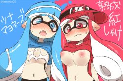 Rule 34 | 2girls, artist name, blue eyes, blue hair, blush, breasts, clothes lift, ear blush, eromame, fang, hat, ink, inkling, inkling girl, inkling player character, large breasts, looking at viewer, multiple girls, navel, nervous, nintendo, nipples, pointy ears, red eyes, red hair, shirt lift, simple background, splatoon (series), splatoon 1, suggestive fluid, sweatdrop, tentacle hair, text focus