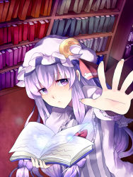 Rule 34 | 1girl, bad id, bad pixiv id, book, bow, crescent, dress, female focus, hair bow, hat, holding, holding book, meronpanna (mikoniito), open book, patchouli knowledge, purple eyes, purple hair, solo, touhou