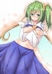 Rule 34 | 1girl, bare shoulders, blush, breasts, breasts out, chan (akuty ikkot), clothes lift, cosplay, covering privates, covering breasts, daiyousei, detached sleeves, fairy wings, green eyes, green hair, hair ribbon, hakurei reimu, hakurei reimu (cosplay), large breasts, long sleeves, looking at viewer, matching hair/eyes, matewi (akuty ikkot), navel, ribbon, shirt lift, side ponytail, skirt, solo, touhou, wings