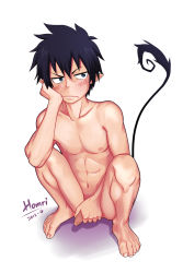 Rule 34 | 1boy, ao no exorcist, artist name, barefoot, black hair, blue eyes, blush, flaccid, foreskin, highres, homri, looking away, male focus, nipples, nude, okumura rin, penis, penis grab, pointy ears, simple background, spiked hair, squatting, tail, white background