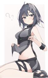 Rule 34 | 1girl, :&gt;, ?, ??, ahoge, arknights, black eyes, black footwear, black hair, black shirt, black shorts, blush, border, breasts, brown background, clothes lift, feather hair, groin, hair intakes, highres, infection monitor (arknights), la pluma (arknights), lifting own clothes, looking at viewer, matchadzuke, navel, outside border, sandals, shirt, shirt lift, short hair, short shorts, shorts, simple background, sitting, small breasts, smile, wariza, white border