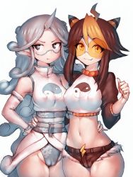 Rule 34 | 2girls, arm behind back, blue eyes, brown eyes, brown hair, cameltoe, character request, copyright request, curly hair, denim, denim shorts, fang, fumio (rsqkr), highres, hip focus, horns, long hair, looking at viewer, midriff, multiple girls, navel, pointy ears, shorts, silver hair, simple background, single horn, smile, sunglasses, thighs, thumbs up, white background, wide hips, yin yang