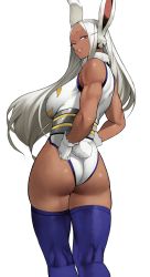 Rule 34 | 1girl, absurdres, animal ears, ass, bare shoulders, boku no hero academia, breasts, dark-skinned female, dark skin, from behind, fur trim, gloves, grin, highleg, highleg leotard, highres, large breasts, leotard, long hair, looking at viewer, looking back, mirko, parted lips, rabbit ears, rabbit tail, red eyes, simple background, smile, solo, tail, thick thighs, thighhighs, thighs, twisted torso, white background, white gloves, white hair, white leotard, yoshio (55level)