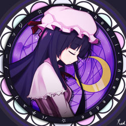 Rule 34 | 1girl, blunt bangs, breasts, character name, circle, closed eyes, commentary request, crescent moon, dress, english text, hat, hat ribbon, highres, light smile, long hair, medium breasts, mob cap, moon, outline, patchouli knowledge, purple hair, purple theme, red ribbon, ribbon, rstock 017, signature, solo, star (symbol), striped clothes, striped dress, touhou, upper body, vertical-striped clothes, vertical-striped dress, very long hair