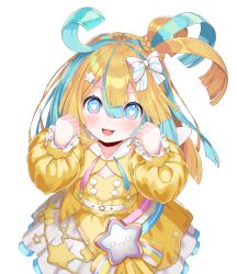 Rule 34 | 1girl, :d, absurdres, amakawa hano, aqua hair, bettle (b s a n), blonde hair, blue eyes, bow, clenched hands, dress, hair between eyes, hair bow, hair ornament, hands up, heart, heart-shaped pupils, highres, long hair, looking at viewer, multicolored hair, open mouth, rainbow hair ornament, re:act, shooting star (symbol), smile, solo, standing, star (symbol), star hair ornament, symbol-shaped pupils, transparent background, two-tone hair, virtual youtuber, white bow, yellow dress