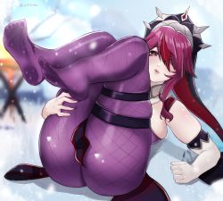 Rule 34 | 1girl, ass, bare shoulders, blush, breasts, detached sleeves, elbow gloves, feet, fishnet pantyhose, fishnets, genshin impact, gloves, habit, highres, large breasts, legs, legs up, multicolored hair, nun, habit, o22no, pale skin, pantyhose, purple hair, red eyes, red hair, rosaria (genshin impact), shiny clothes, shiny skin, short hair, skirt, smile, solo, veil