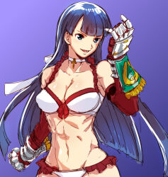 Rule 34 | 1girl, abs, aoba (smartbeat), bare shoulders, bikini, blue eyes, breasts, choker, cleavage, collarbone, cross, cross choker, elbow gloves, fate/grand order, fate (series), gauntlets, gloves, large breasts, long hair, looking at viewer, martha (fate), martha (swimsuit ruler) (fate), martha (swimsuit ruler) (third ascension) (fate), navel, open mouth, purple hair, red gloves, smile, solo, swimsuit, toned, white bikini