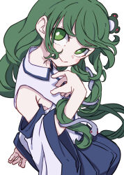 Rule 34 | 1girl, absurdres, bare shoulders, blue skirt, blush stickers, closed mouth, detached sleeves, frog hair ornament, green eyes, green hair, hair ornament, highres, japanese clothes, kame (kamepan44231), kochiya sanae, long hair, nontraditional miko, one-hour drawing challenge, revision, simple background, skirt, smile, snake hair ornament, solo, touhou, white background, white sleeves, wide sleeves