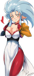 Rule 34 | animal ears, blue hair, breasts, breasts squeezed together, cleavage, dress, gloves, heart, highres, jacket, large breasts, leggings, looking at viewer, medium hair, pointy ears, red gloves, red leggings, ryouko (tenchi muyou!), sidelocks, signature, simple background, slit pupils, spiked hair, tenchi muyou!, white background, white dress, yellow eyes, yellow jacket, yoo tenchi