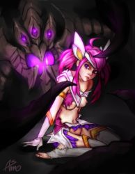 Rule 34 | 1girl, ahoge, alternate costume, alternate hairstyle, armlet, asmo deus, breasts, feet, gloves, glowing, glowing eyes, gradient background, highres, imminent rape, league of legends, lux (league of legends), magical girl, navel, nipples, no panties, nose, pink hair, purple eyes, sitting, soles, star guardian (league of legends), star guardian lux, tentacles, thighhighs, tiara, toes, torn clothes, torn legwear, twintails, vel&#039;koz, wariza, white gloves, white thighhighs