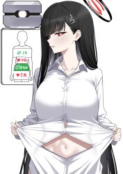 1girl absurdres alternate_costume black_hair black_halo blue_archive bright_pupils collarbone hair_ornament hairclip halo highres like_and_retweet naked_shirt navel red_eyes rio_(blue_archive) shirt solo tewaki white_background white_pupils