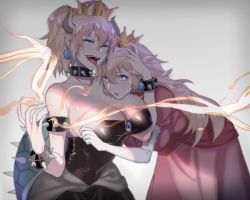 Rule 34 | 2girls, a821, armlet, bare shoulders, blonde hair, blue eyes, bowsette, bracelet, breasts, collar, collarbone, crown, dress, earrings, fingernails, fire, gloves, grey background, highres, horns, jewelry, large breasts, long hair, looking at viewer, mario (series), multiple girls, new super mario bros. u deluxe, nintendo, open mouth, pink dress, ponytail, princess peach, sharp teeth, short hair, spiked armlet, spiked bracelet, spiked collar, spikes, super crown, teeth, tongue, tongue out, white gloves