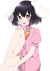 Rule 34 | 1girl, :3, animal ears, black hair, blush, bright pupils, carrot necklace, commentary request, dress, fang, feet out of frame, finger to cheek, hair between eyes, hand on own knee, high collar, highres, inaba tewi, index finger raised, knee to chest, looking at viewer, necklace, open mouth, partial commentary, pink dress, puffy short sleeves, puffy sleeves, rabbit ears, red eyes, short hair, short sleeves, simple background, sitting, skin fang, solo, touhou, tsukimirin, white background, white pupils