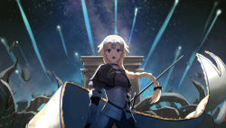 Rule 34 | 1girl, arc de triomphe, armor, black ribbon, blonde hair, blue eyes, capelet, chain, cowboy shot, fate/grand order, fate (series), gauntlets, headphones, highres, jeanne d&#039;arc (fate), jeanne d&#039;arc (ruler) (fate), long hair, looking at viewer, night, open mouth, polearm, ribbon, solo, standard bearer, sword, tesin (7aehyun), weapon