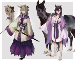 Rule 34 | 2girls, adapted costume, alternate costume, animal ears, arm up, bare legs, barefoot, belt, black hair, breasts, brown eyes, cleavage, closed mouth, commentary request, earmuffs, full body, grey background, hair between eyes, holding, holding stick, horse, horse ears, kurokoma saki, large breasts, light brown hair, long hair, looking at viewer, medium breasts, multiple girls, multiple views, no headwear, pegasus wings, pointy hair, profile, red eyes, ritual baton, scabbard, sheath, simple background, skirt, smile, standing, stick, sword, syuri22, toes, touhou, toyosatomimi no miko, weapon