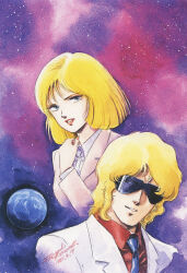 Rule 34 | 1980s (style), 1985, 1boy, 1girl, blonde hair, blue eyes, dated, earth (planet), formal, grin, gundam, highres, jacket, kitazume hiroyuki, looking at another, looking at viewer, mullet, nebula, necktie, official art, oldschool, painting (medium), planet, production art, quattro bajeena, red lips, retro artstyle, sayla mass, scan, science fiction, signature, smile, space, star (symbol), starry background, traditional media, watercolor (medium), zeta gundam