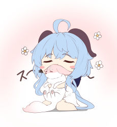 Rule 34 | 1girl, absurdres, ahoge, animal, animal hug, barefoot, blouse, blue hair, blush stickers, closed eyes, commentary request, covered mouth, floral background, flower, full body, ganyu (genshin impact), genshin impact, gradient background, highres, horns, long hair, moyoron, pink background, shirt, short sleeves, sitting, squiggle, thick eyebrows, very long hair, wariza, white background, white flower, white shirt, yae miko, yae miko (fox)