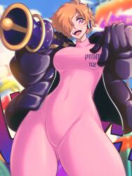Rule 34 | 1girl, absurdres, adjusting clothes, bodysuit, breasts, brown hair, cameltoe, cleft of venus, covered navel, day, eyelashes, gloves, hair over one eye, highres, holding, holding weapon, jacket, large breasts, looking at viewer, one piece, opalis, open mouth, pink bodysuit, purple eyes, shiny clothes, short hair, smile, solo, standing, thick thighs, thighs, vegapunk lilith, weapon, wide hips
