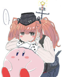 Rule 34 | ..., 1girl, atlanta (kancolle), black eyes, blue eyes, blush, brown hair, camouflage, closed mouth, crossover, earrings, fukidamari no peke, garrison cap, gloves, hat, headgear, high-waist skirt, jewelry, kantai collection, kirby, kirby (series), long hair, long sleeves, nintendo, partially fingerless gloves, rigging, simple background, single earring, skirt, star (symbol), star earrings, star rod, two side up, white background