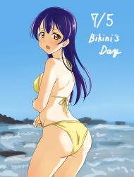 Rule 34 | 10s, 1girl, ass, bikini, blue hair, brown eyes, embarrassed, from behind, halterneck, long hair, looking at viewer, looking back, love live!, love live! school idol project, open mouth, sky, solo, sonoda umi, swimsuit, turkey min, yellow bikini