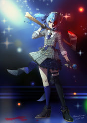 Rule 34 | 1girl, ankle boots, ascot, asymmetrical legwear, axe, belt, beret, black footwear, black gloves, blood, blood on axe, blood splatter, bloody weapon, blue ascot, blue belt, blue bow, blue choker, blue eyes, blue hair, blue ribbon, boots, bow, bow skirt, buttons, choker, closed mouth, dated, double-breasted, gloves, glowing, glowing eye, grey hat, grey jacket, grey skirt, hair ribbon, haruyama kazunori, hat, high heel boots, high heels, highres, holding, holding axe, holding microphone, hololive, hoshimachi suisei, hoshimachi suisei (1st costume), jacket, kneehighs, long sleeves, medium hair, microphone, partially fingerless gloves, plaid, plaid headwear, plaid jacket, plaid skirt, ribbon, shaded face, side ponytail, sidelocks, single kneehigh, single sock, single thighhigh, skirt, smile, socks, solo, standing, star (symbol), star in eye, symbol in eye, thigh strap, thighhighs, twitter username, uneven legwear, virtual youtuber, weapon