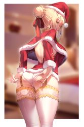 Rule 34 | 1girl, adjusting clothes, adjusting panties, ass, back, backless dress, backless outfit, blonde hair, blurry, breasts, capelet, christmas, cowboy shot, depth of field, dress, earrings, fate/extra, fate/grand order, fate (series), from behind, garter belt, garter straps, green eyes, hair bun, hair over one eye, hair ribbon, hat, highres, hoop earrings, jewelry, k pring, lace, lace-trimmed legwear, lace trim, large breasts, long sleeves, looking at viewer, looking back, meme, microdress, naughty face, nero claudius (fate), nero claudius (fate) (all), nero claudius (fate/extra), outside border, padoru (meme), panties, red hat, red ribbon, ribbon, santa costume, santa hat, short hair, sideways mouth, single hair bun, smug, solo, standing, thighhighs, underwear, white panties, white thighhighs
