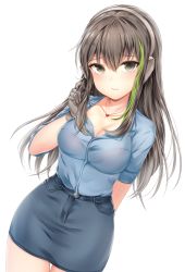 Rule 34 | 1girl, absurdres, alternate costume, arm behind back, blouse, blue shirt, blue skirt, bra, breasts, brown eyes, brown hair, casual, cleavage, closed mouth, collarbone, cowboy shot, girls&#039; frontline, gloves, green hair, hair between eyes, headphones, heart, heart necklace, highres, jewelry, large breasts, long hair, looking at viewer, m4a1 (girls&#039; frontline), multicolored hair, necklace, playing with own hair, pocket, red bra, see-through, shirt, sidelocks, simple background, skirt, sleeves rolled up, streaked hair, thighs, underwear, white background, zerocat