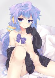 Rule 34 | 10s, 1boy, ahoge, bare shoulders, bed sheet, blue eyes, blue hair, blush, bottomless, bow, bowtie, unworn bowtie, cardigan, collarbone, convenient censoring, covering privates, covering crotch, eyebrows, hacka doll, hacka doll 3, hair ornament, head rest, highres, irone (miyamiya38), long hair, looking at viewer, male focus, matching hair/eyes, naked cardigan, off shoulder, on bed, pillow, sitting, smile, solo, trap