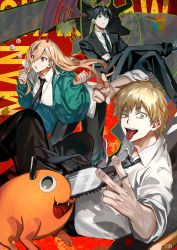 Rule 34 | 1girl, 2boys, black jacket, black necktie, black pants, black suit, blonde hair, blue jacket, blowing bubbles, chainsaw, chainsaw man, collared shirt, cross-shaped pupils, crossed arms, crossed legs, crosshair pupils, daenarys, demon girl, demon horns, denji (chainsaw man), formal, full body, hair between eyes, hayakawa aki, holding, horns, jacket, looking at viewer, monster, multiple boys, necktie, open mouth, pants, pochita (chainsaw man), power (chainsaw man), red background, red eyes, sharp teeth, shirt, shoes, short hair, sneakers, suit, symbol-shaped pupils, teeth, tongue, tongue out, v, white shirt, yellow eyes