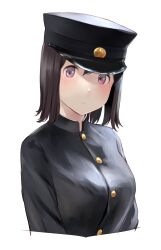 Rule 34 | 1girl, akitsu maru (kancolle), akitsu maru kai (kancolle), black hair, black hat, black jacket, breasts, closed mouth, commentary request, cropped torso, grey eyes, hat, highres, jacket, kantai collection, looking at viewer, medium breasts, military, military hat, military jacket, military uniform, peaked cap, short hair, solo, uniform, upper body, wa (genryusui), white background