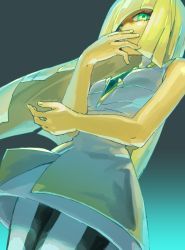 Rule 34 | 1girl, ankea (a-ramo-do), bare arms, bare shoulders, blonde hair, breasts, covering own mouth, cowboy shot, creatures (company), dress, fingernails, game freak, gradient background, green eyes, highres, long hair, lusamine (pokemon), mature female, nintendo, pokemon, pokemon sm, short dress, small breasts, solo, turtleneck, very long hair, white dress
